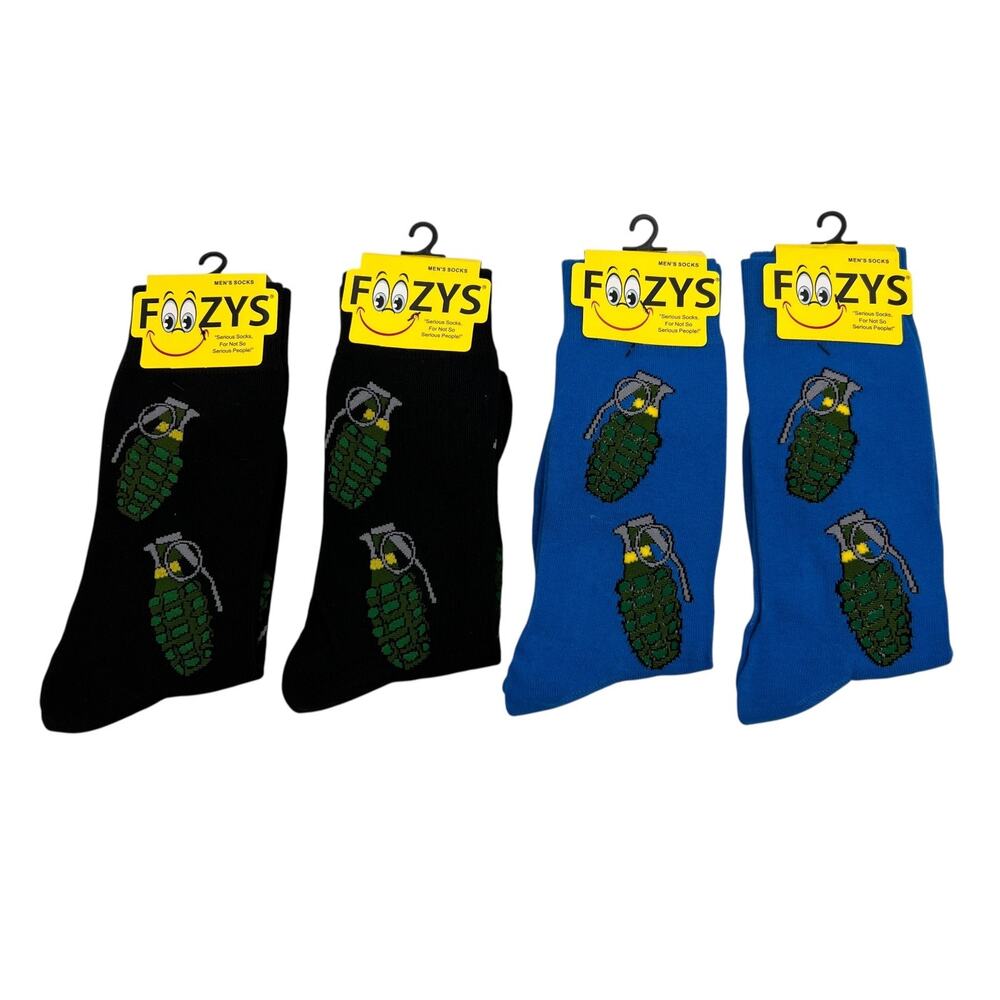 Foozys Socks Mens 6-12 Black Blue Stretch Crew Breathable Military Grenade Theme